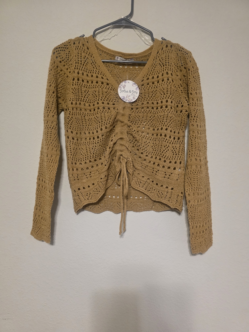 Jolie & Joy Mustard Crochet V-Neck Ruched Drawstring Sweater